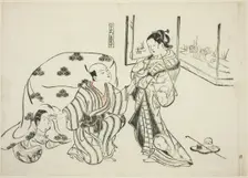 Kotatsu Dojoji, no. 5 from a series of 12 prints depicting parodies of plays, c. 1716/35. Creator: Okumura Masanobu