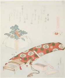 Koto and New Year’s Offering, illustration for The Akoya Beach Shell (Akoyagai), from the ..., 1821. Creator: Hokusai