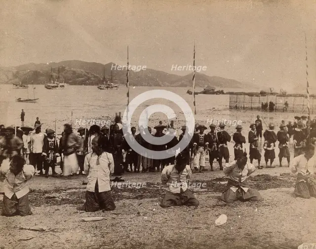 Kowloon, Hong Kong: five pirates awaiting beheading, while Chinese soldiers and dignitaries..., 1891 Creator: Unknown.