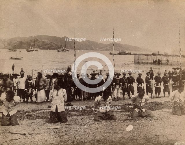 Kowloon, Hong Kong: five pirates awaiting beheading, while Chinese soldiers and dignitaries..., 1891 Creator: Unknown.