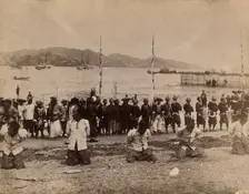 Kowloon, Hong Kong: five pirates awaiting beheading, while Chinese soldiers and dignitaries..., 1891 Creator: Unknown