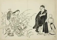 Komachi resting on a stupa, no. 6 from a series of 12 prints, c. 1708. Creator: Okumura Masanobu
