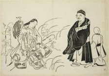 Komachi resting on a stupa, no. 6 from a series of 12 prints, c. 1708. Creator: Okumura Masanobu