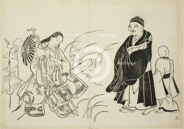 Komachi resting on a stupa, no. 6 from a series of 12 prints, c. 1708. Creator: Okumura Masanobu.