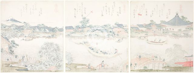Komagata Hall and O-umaya River Bank, from the series "A Selection of Horses (Uma..., Japan, 1822. Creator: Hokusai.