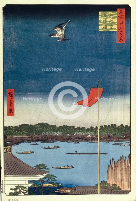 Komakata Hall and Azuma Bridge (One Hundred Famous Views of Edo), 1856-1858. Artist: Hiroshige, Utagawa (1797-1858)