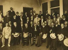 Komura and Takahira, with newspapermen, 1905. Creator: Unknown