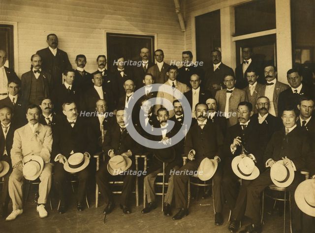 Komura and Takahira, with newspapermen, 1905. Creator: Unknown.