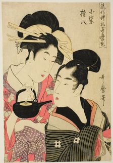Komurasaki and Gonpachi, from the series "Fashonable Patterns in Utamaro Style (Ryuko..., c1798/99. Creator: Kitagawa Utamaro