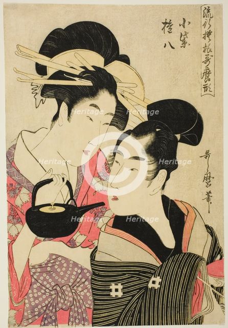 Komurasaki and Gonpachi, from the series "Fashonable Patterns in Utamaro Style (Ryuko..., c1798/99. Creator: Kitagawa Utamaro.