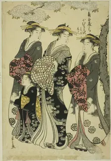 Komurasaki of the Kadotamaya with Attendants Hatsune and Shirabe, c. 1791. Creator: Hosoda Eishi