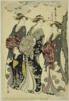 Komurasaki of the Kadotamaya with Attendants Hatsune and Shirabe, c. 1791. Creator: Hosoda Eishi