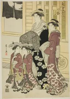 Komurasaki of the Kadotamaya with Attendants Hatsune and Utano, c. 1790. Creator: Hosoda Eishi