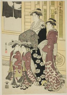 Komurasaki of the Kadotamaya with Attendants Hatsune and Utano, c. 1790. Creator: Hosoda Eishi