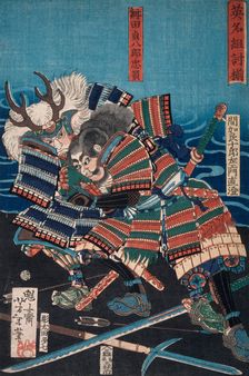 Konda Teihachiro Tadakazu and Makara Jurozaemon Naozumi(?) Grappling by the Water, 1866. Creator: Tsukioka Yoshitoshi