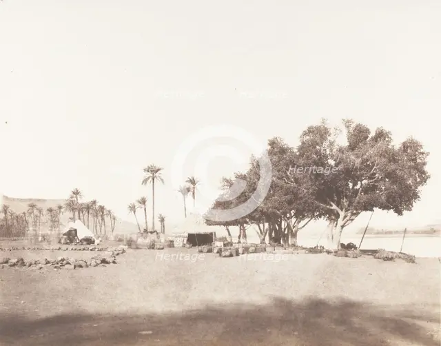 Korósko, Sycomores et Campement d'une Caravane pour le Sennâr, 1851-52, printed 1853-54. Creator: Félix Teynard.