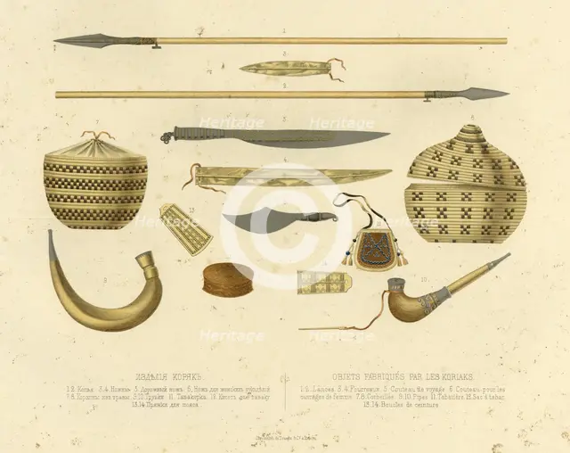 Koryak Artifacts. 1-2. Spears; 3-4. Scabbards; 5. Road Knife; 6. Woman's Knife; 7-8. Grass..., 1856. Creator: Ivan Dem'ianovich Bulychev.