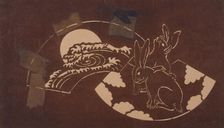Katagami stencil with rabbits and a moon, between 1900 and 1952. Creator: Unknown