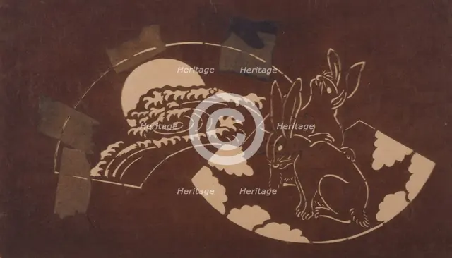 Katagami stencil with rabbits and a moon, between 1900 and 1952. Creator: Unknown.