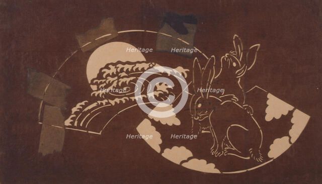 Katagami stencil with rabbits and a moon, between 1900 and 1952. Creator: Unknown.