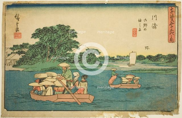Kawasaki: Ferry Boats at Rokugo (Kawasaki, Rokugo no watashibune), from the series..., c. 1841/44. Creator: Ando Hiroshige.
