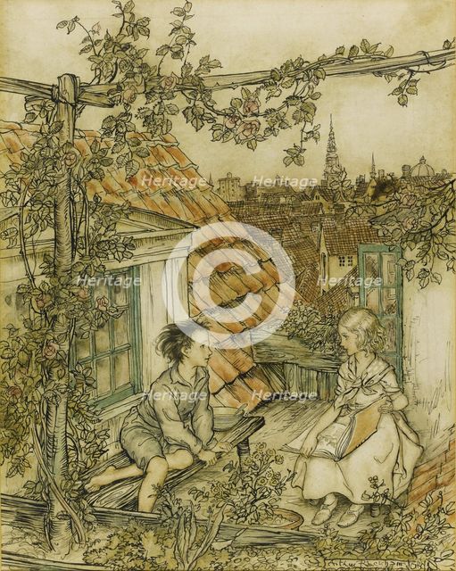 Kay and Gerda in their garden high up on the roof. Illustration for the tale of The Snow Queen, 18 Artist: Rackham, Arthur (1867-1939)