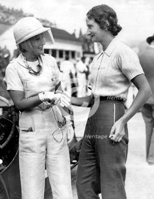 Kaye Petre (left) with Elsie Wisdom at Brooklands. Creator: Unknown.