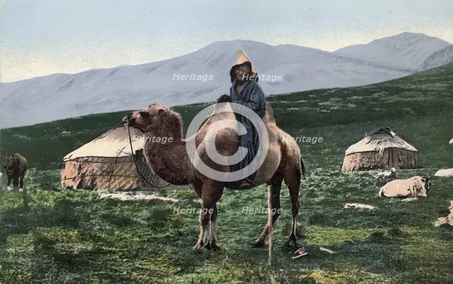 Kazakh on a Camel with Yurts in the Background, Valley of the Arakan River, a Tributary..., 1911-13. Creator: Sergei Ivanovich Borisov.