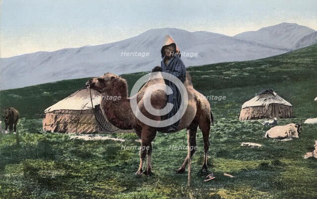 Kazakh on a Camel with Yurts in the Background, Valley of the Arakan River, a Tributary..., 1911-13. Creator: Sergei Ivanovich Borisov.