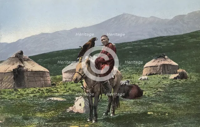 Kazakh with a Golden Eagle, on a Horse with Yurts in the Background, Valley of the Arakan...,1911-13 Creator: Sergei Ivanovich Borisov.