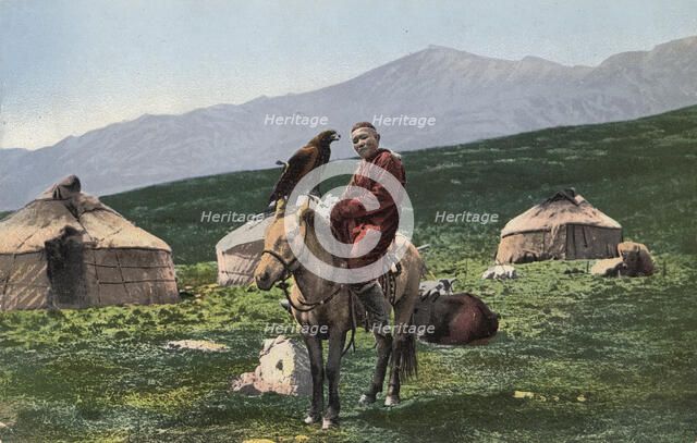 Kazakh with a Golden Eagle, on a Horse with Yurts in the Background, Valley of the Arakan...,1911-13 Creator: Sergei Ivanovich Borisov.