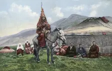 Kazakh Woman in Wedding Clothes on a Horse, 1911-1913. Creator: Sergei Ivanovich Borisov