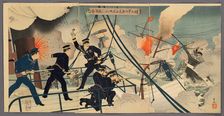 Kabayama, the Chief of Naval Staff, Attacking Enemy Ships from onboard Saikyomaru..., 1894. Creator: Adachi Ginko