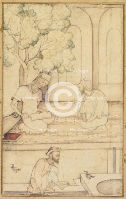 Kabir and Two Followers on a Terrace (recto); Calligraphy (verso), c. 1610-1620. Creator: Unknown.