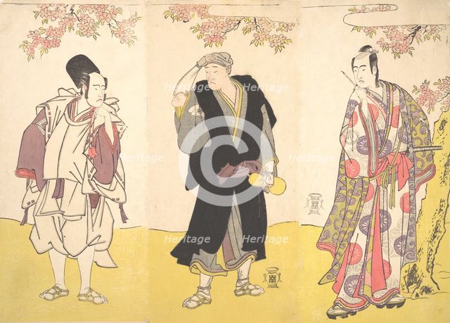 Kabuki Actors Ichikawa Yaozo III, Onoe Matsusuke I, and Sawamura Sojuro III, 11th month, 1786. Creator: Shunsho.