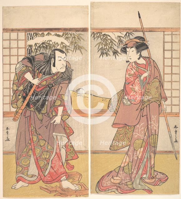 Kabuki Actors Osagawa Tsuneyo II and Ichikawa Danjuro V, ca. 1780s. Creator: Shunsho.