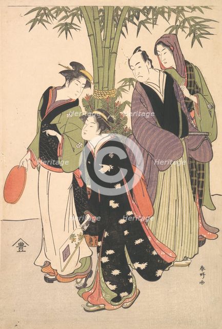Kabuki Actors Segawa Kikunojo III and Ichikawa Monnosuke II and Two Courtesans Celebr..., ca. 1790s. Creator: Katsukawa Shunko.