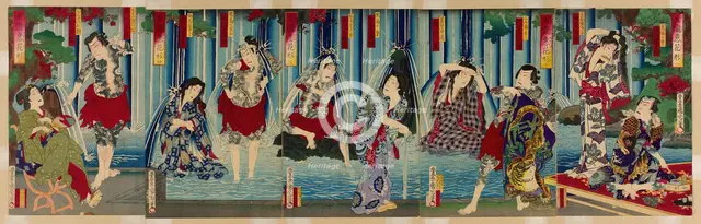 Kabuki Stars Before a Gracious Waterfall (Arigataki megumi no hanagata), 1883. Creator: Toyohara Kunichika.