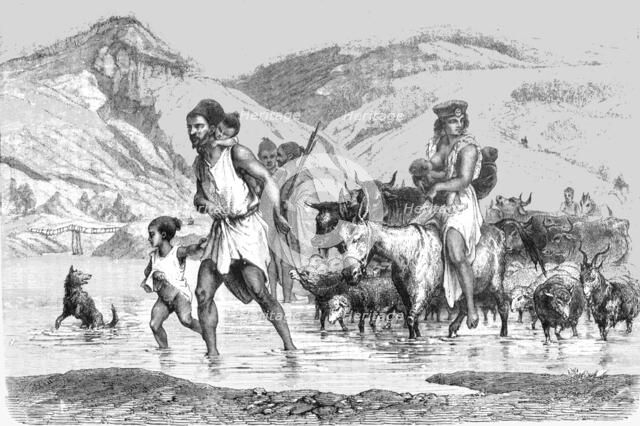 'Kabyles fording a stream; The Natives of Algeria, the Kabyle, the Arab, the Moor, and the Jew',1875 Creator: Unknown.