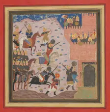Kai Khusrau, Gudarz and Giv Capturing the Demon's Fortress, Bahman (?)..., ca. 1430-40. Creator: Unknown
