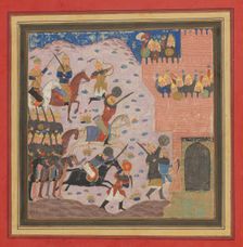Kai Khusrau, Gudarz and Giv Capturing the Demon's Fortress, Bahman (?)..., ca. 1430-40. Creator: Unknown