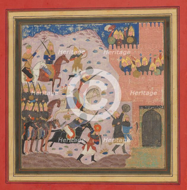 Kai Khusrau, Gudarz and Giv Capturing the Demon's Fortress, Bahman (?)..., ca. 1430-40. Creator: Unknown.