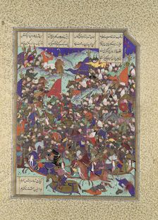 Kai Khusrau Defeats the Army of Makran, Folio 376v from the Shahnama (Book of..., ca. 1525-30. Creator: Abd al-Vahhab