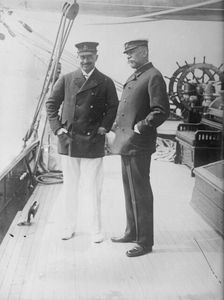 Kaiser and Prince of Monaco on boat "Meteor", 1913. Creator: Bain News Service