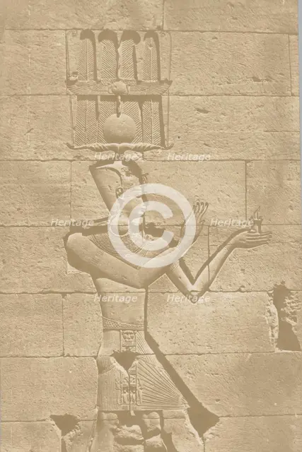 Kalabscheh, sculpture de la façade postérieure du temple., 1849-51. Creator: Maxime du Camp.