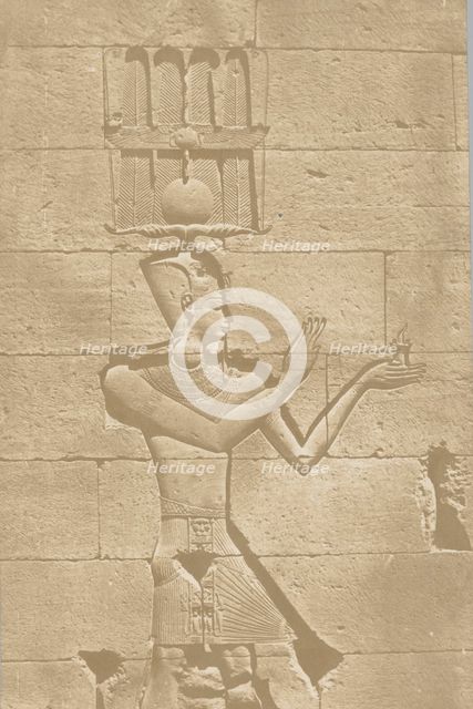 Kalabscheh, sculpture de la façade postérieure du temple., 1849-51. Creator: Maxime du Camp.