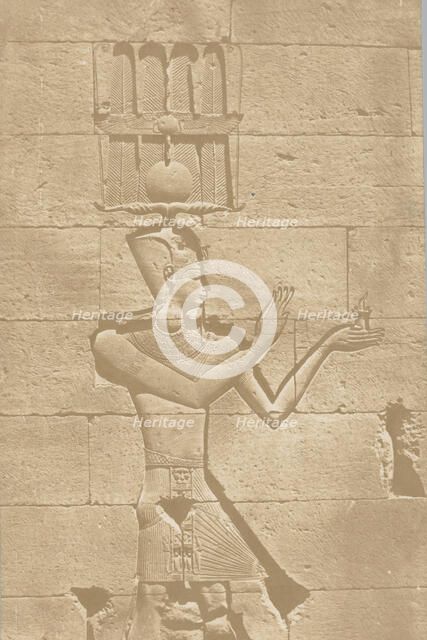 Kalabscheh, sculpture de la façade postérieure du temple., 1849-51. Creator: Maxime du Camp.