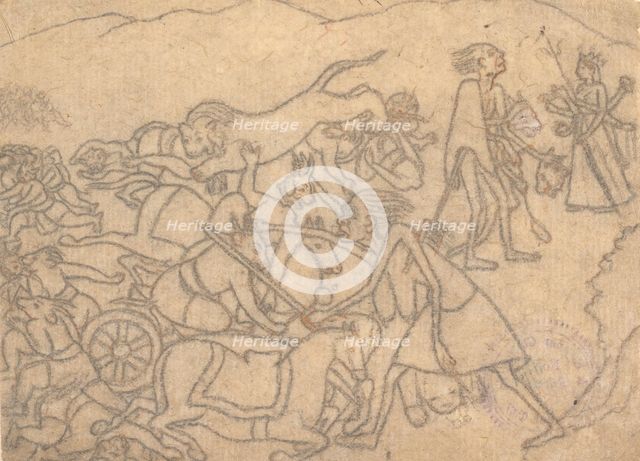 Kali Presenting the Heads of Chanda and Munda to Durga...the Devi Mahatmya..., ca. 1780. Creator: Unknown.