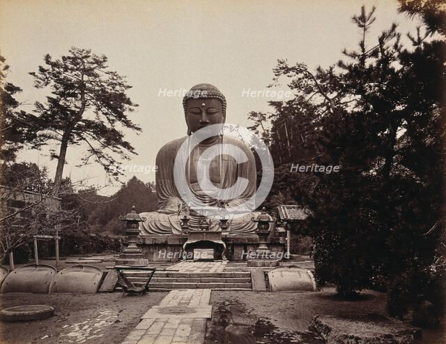 Kamakura, Japan: large statue of "Daibootz" or the "Great Buddha", in wooded country, c1873. Creator: William Pryor Floyd.