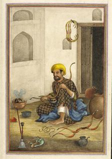 Kamdangar, a bowmaker - Shown bending the wood of a bow over a bowl of embers, 1825. Creator: Anon